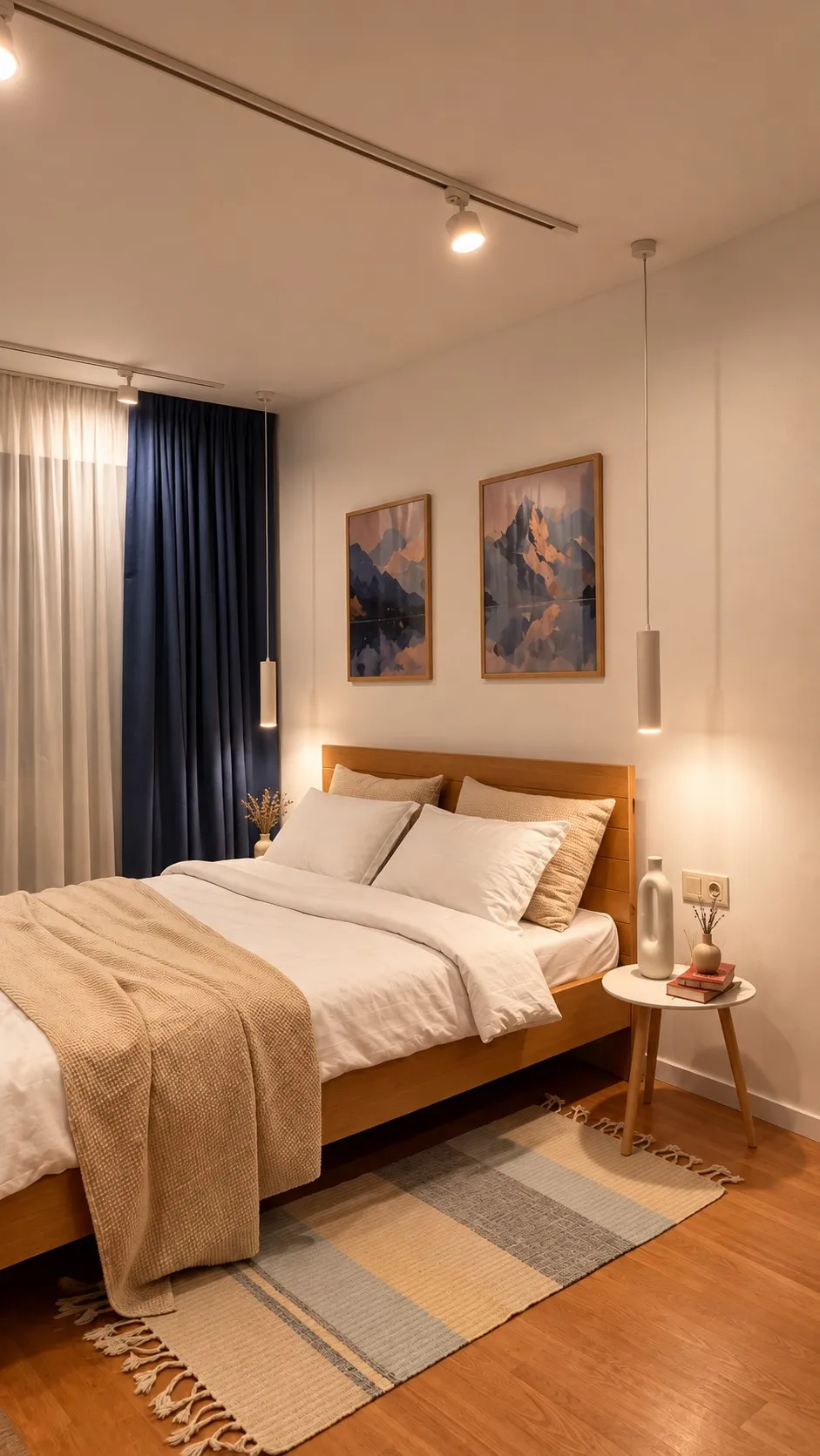 The studio from the door: the bed, the rug and the curtained window