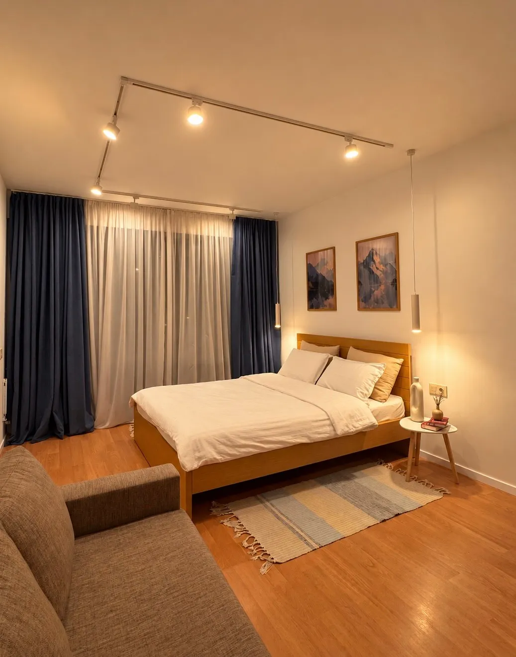 The room seen from the sofa, with the full-height window and the track lighting